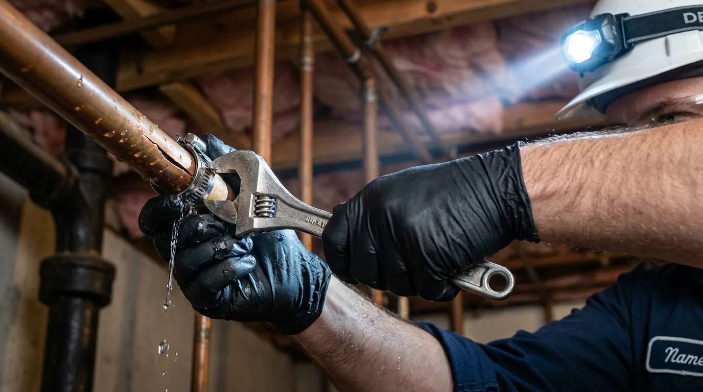Emergency pipe clamp repair being performed by a Johns Plumbing LLC plumber in Stevenson