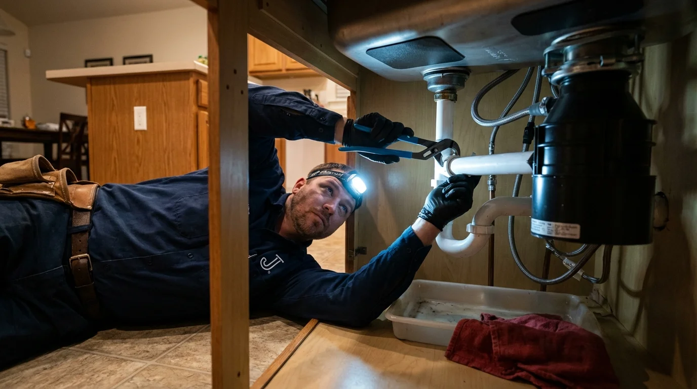 P-trap and supply line connections under a kitchen sink showing a common leak point in Stevenson, AL